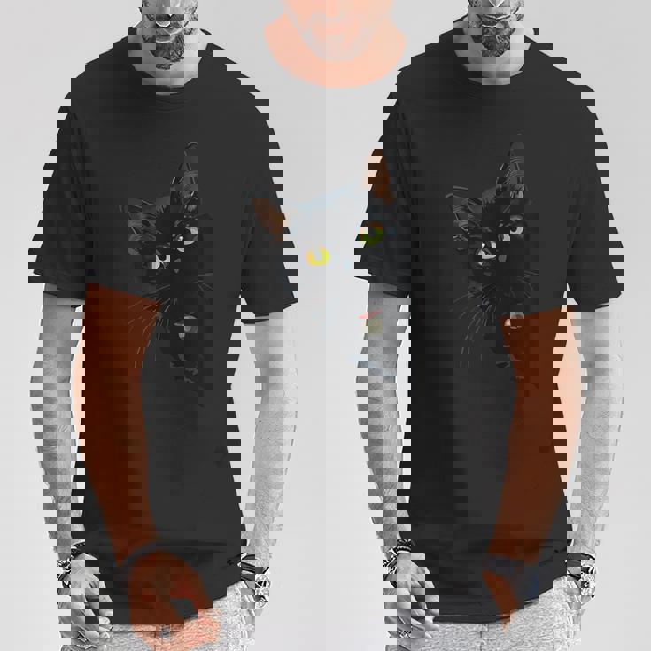 こっそり猫 物陰からじっと見つめる黒猫デザイン Tシャツ 面白い贈り物