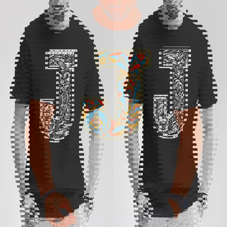 イニシャル 名前 文字 J アルファベット 民芸風 Tシャツ 面白い贈り物