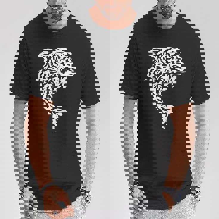 イルカ ポリネシアン トライバル マオリ ライトパターン イルカ 長袖tシャツ Tシャツ 面白い贈り物