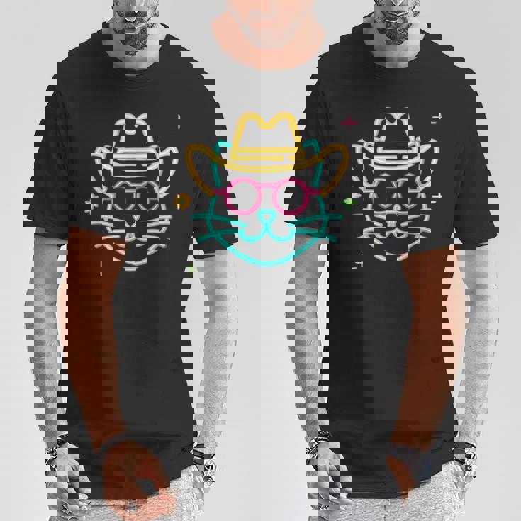 カウボーイ 猫 顔 ラウンド サングラス ウェスタン グラフィック ピンク アニマル Tシャツ 面白い贈り物