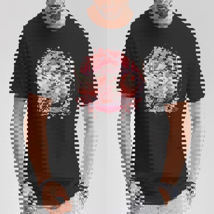 キツネ キツネ 九尾キツネ 桜花 Tシャツ 面白い贈り物