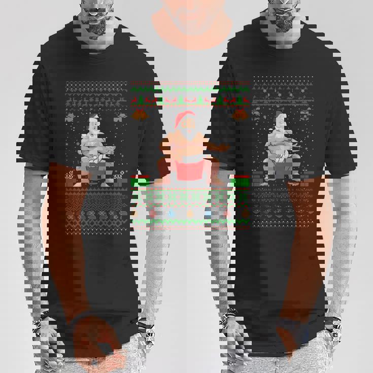 クリスマスセータースタイル サンタ相撲 アグリークリスマス 長袖tシャツ Tシャツ 面白い贈り物