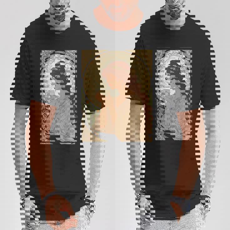 コーヒー好きのミュシャ風のアールヌーボー Tシャツ 面白い贈り物