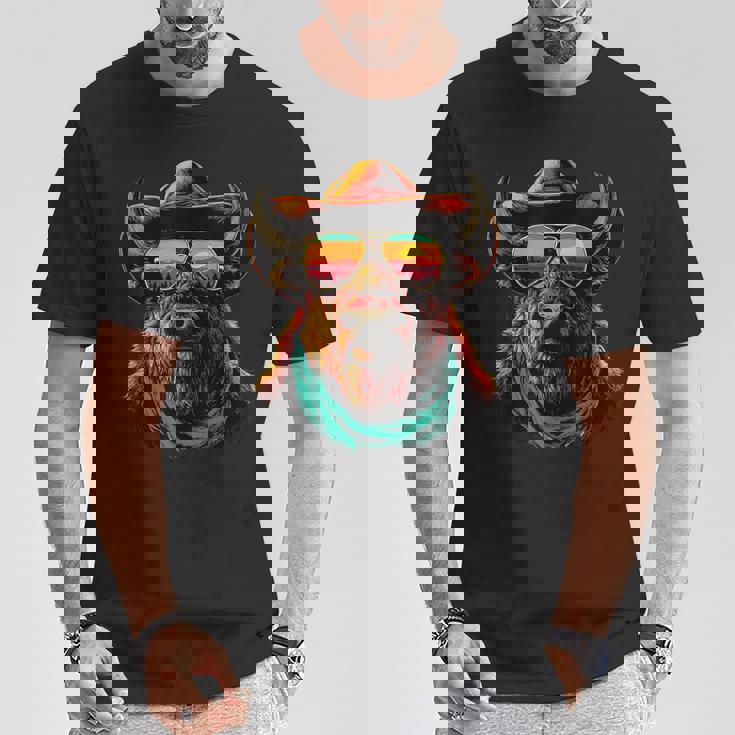 サングラス カラフル バイソン カウボーイ 動物 夕日 ウエスタン Tシャツ 面白い贈り物