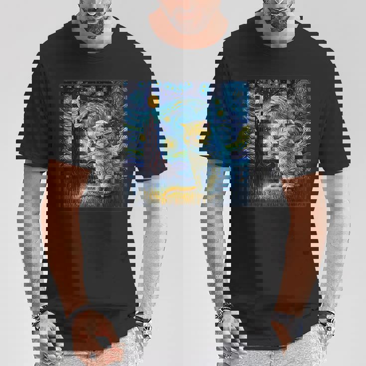 シュールレアリスム 星月夜 エキゾチック ショートヘア 猫 Tシャツ 面白い贈り物