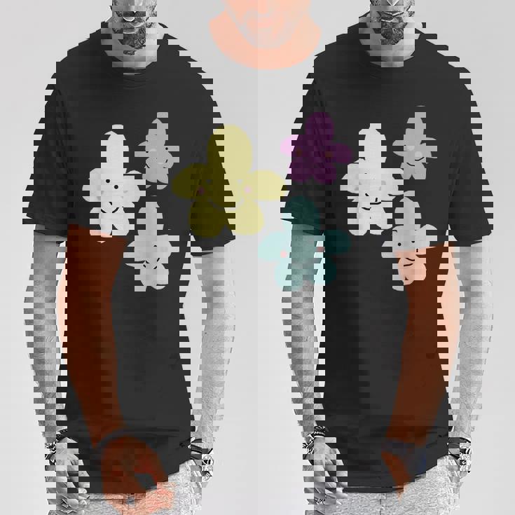 スマイリングフラワー イエロー ブルー パープル 楽しい春 Tシャツ 面白い贈り物