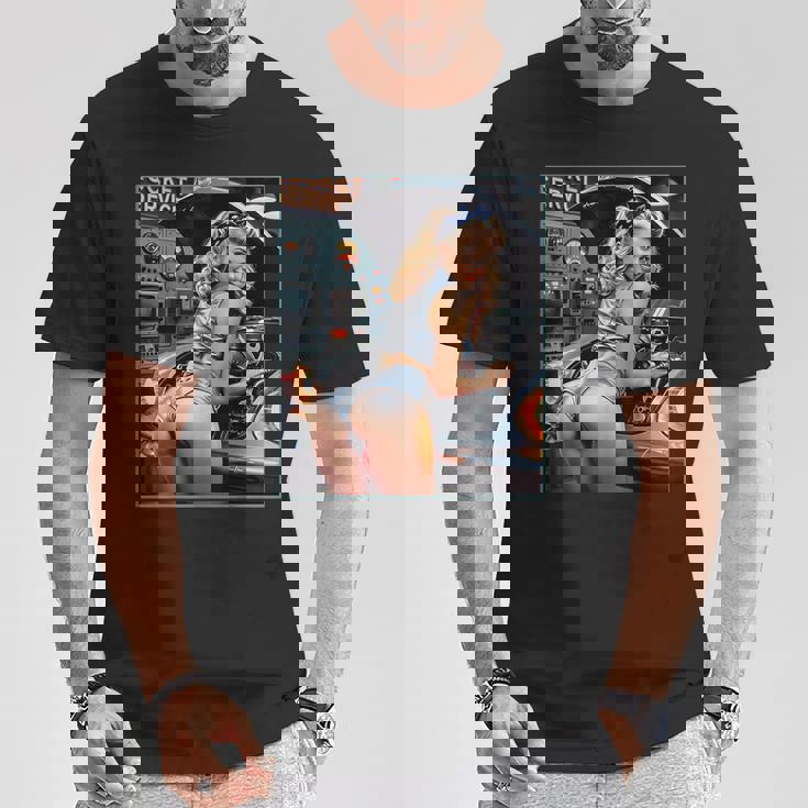 セクシーガールグラフィックtシャツ セクシーなブロンドメカニックピンナップガール Tシャツ 面白い贈り物