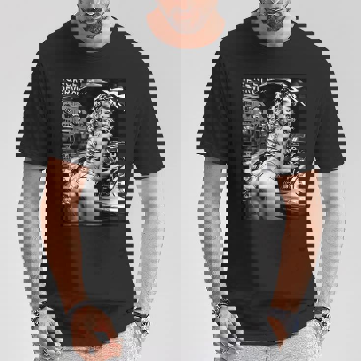 セクシーガールグラフィックtシャツ セクシーブロンドメカニックピンナップガールbw Tシャツ 面白い贈り物