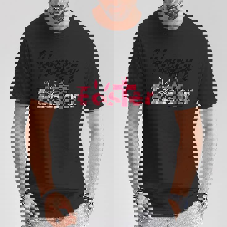 チェック柄ハッピーイースターバニー耳クロスかわいい宗教クリスチャン Tシャツ 面白い贈り物