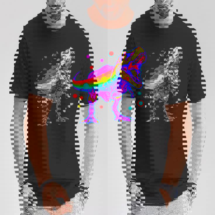 ティラノサウルス レックス 虹色 恐竜 恋人 デザイン Tシャツ 面白い贈り物