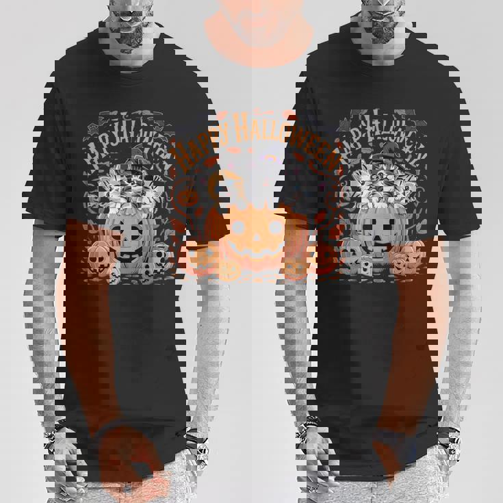 ハッピーハロウィン猫 パンプキン 魔女の帽子デザイン Tシャツ 面白い贈り物