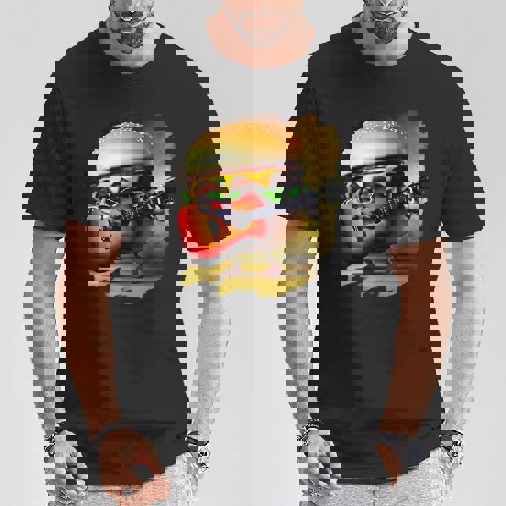 ハンバーガー 演奏 ギター ギタリスト ファニー ファーストフード ハンバーガー Tシャツ 面白い贈り物