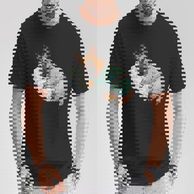 パジャマで寝ているかわいいベルギーのマリノア犬就寝アート 長袖tシャツ Tシャツ 面白い贈り物