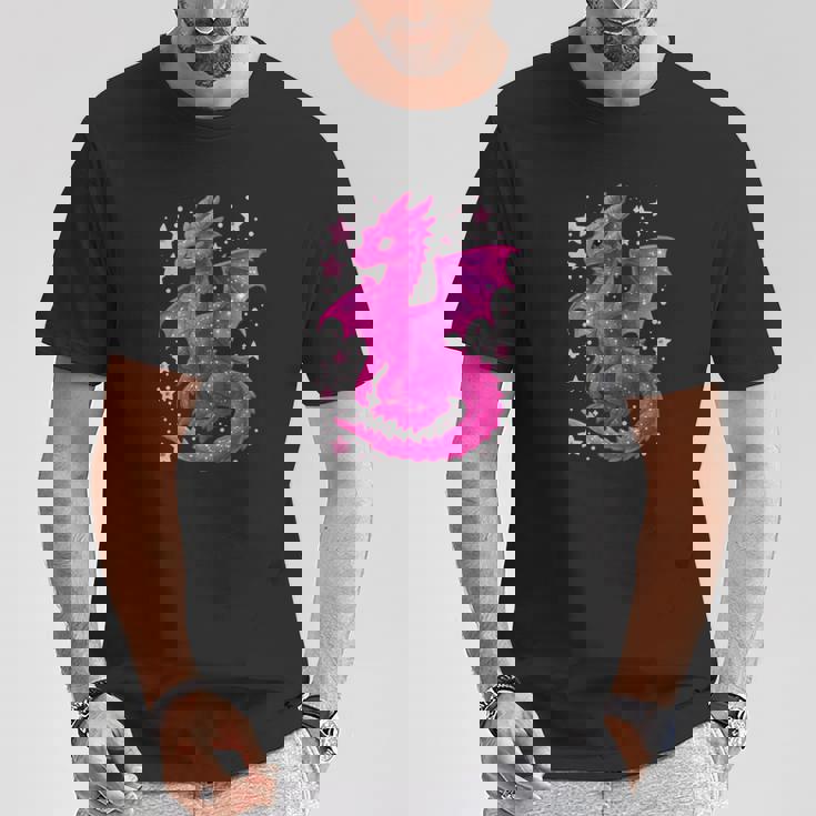ピンクファンタジー ドラゴンと星 長袖tシャツ Tシャツ 面白い贈り物