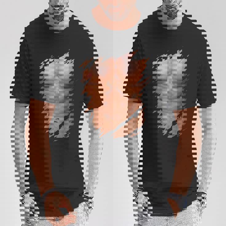 メンズ フェイク マッスル 破れた胸 腹筋 6パック Tシャツ 面白い贈り物