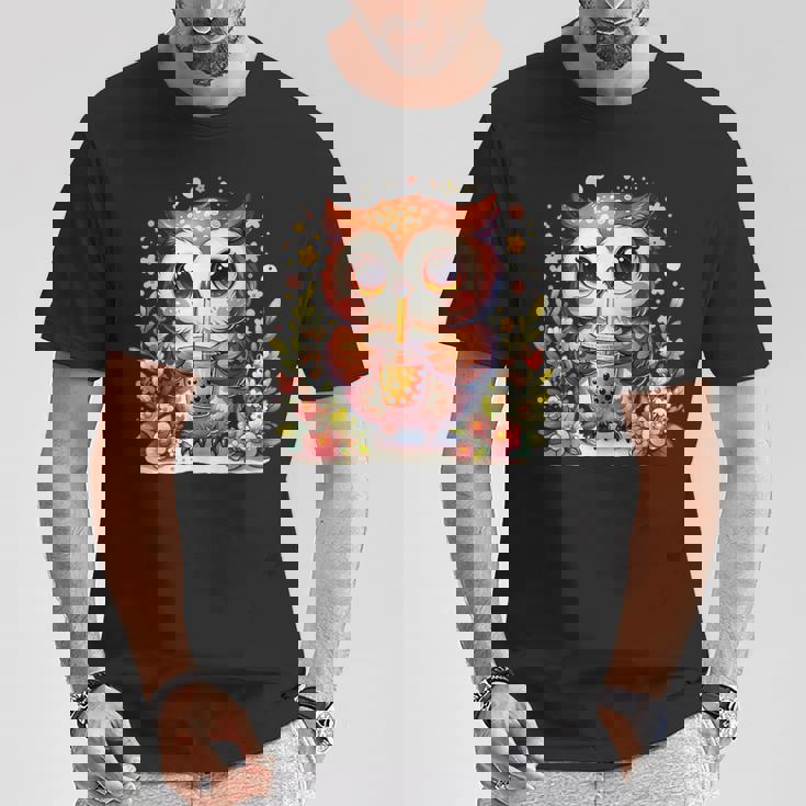 フクロウ ドリンク ボバ ティー ボヘミアン 羽 女の子 花 ニューエイジ Tシャツ 面白い贈り物