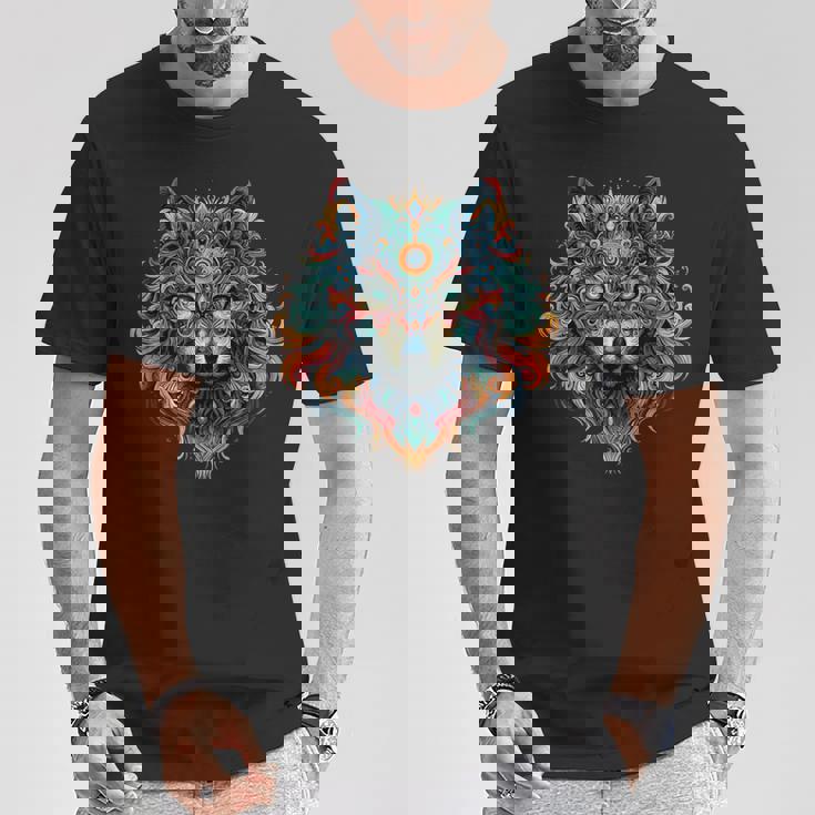 フラクタル スピリット アニマル オオカミ サイケデリック Tシャツ 面白い贈り物