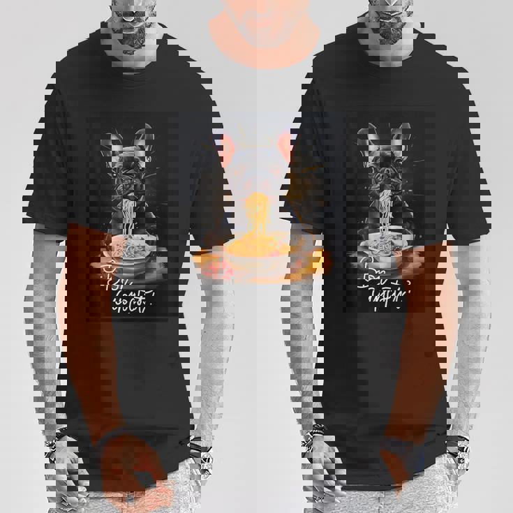 フレンチブルドッグ 食べる パスタ ボンアペティ カラフル ドッグアート Tシャツ 面白い贈り物