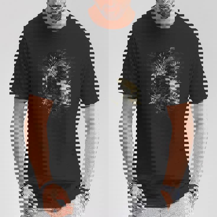 ブラックローズフラワーとスカルアート グランジスタイル 長袖tシャツ Tシャツ 面白い贈り物