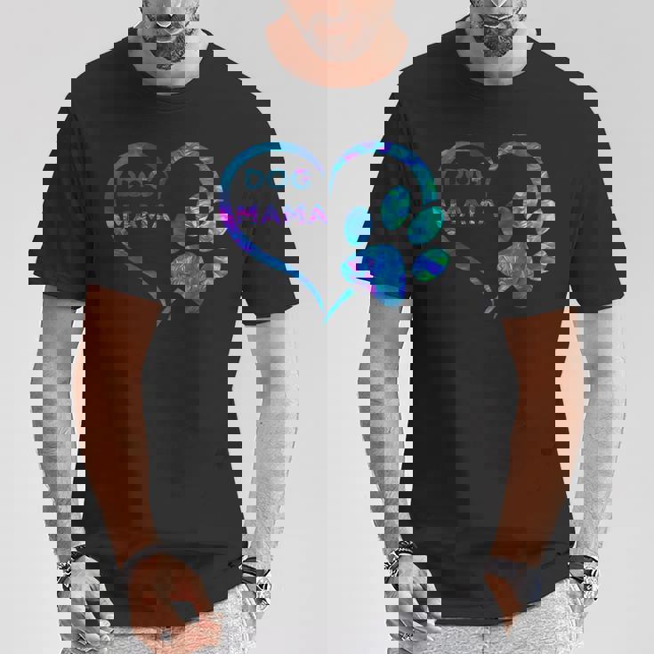 ブルーティールパープル ドッグママと足跡プリント ハート 犬 ママ Tシャツ 面白い贈り物