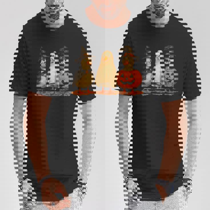 ペンギン 魔女 ゴースト パンプキン トリオ ハロウィン 楽しい 長袖tシャツ Tシャツ 面白い贈り物