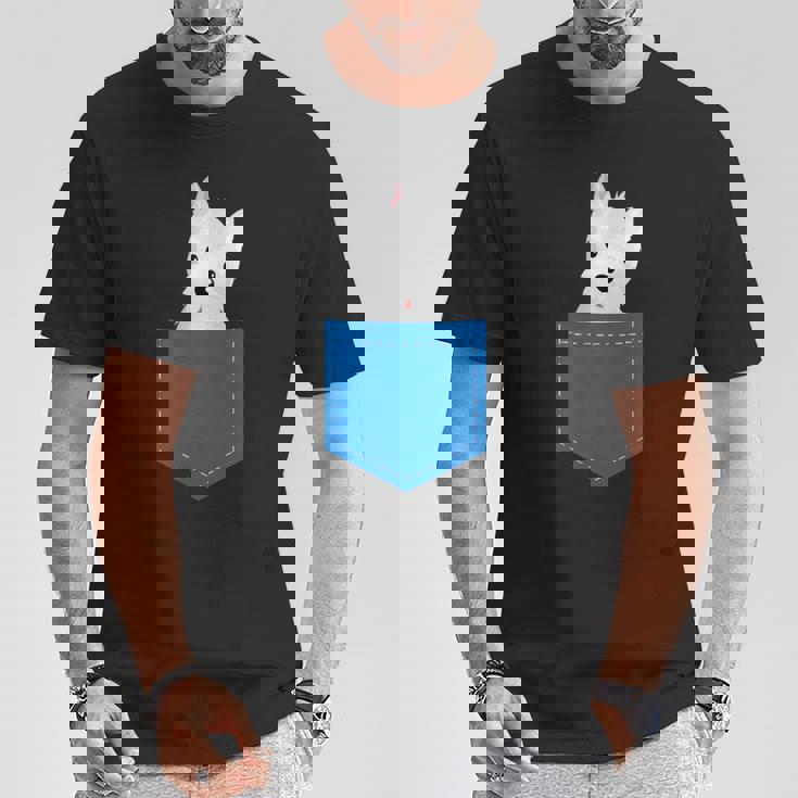 ポケットに犬のウェスティ犬テリアフロントポケット胸 Tシャツ 面白い贈り物