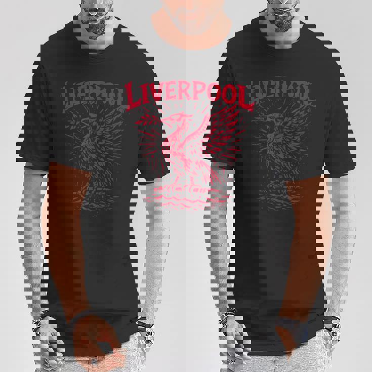 リバプール イングランド Zine インク 肝臓 鳥 レッドプリント Tシャツ 面白い贈り物