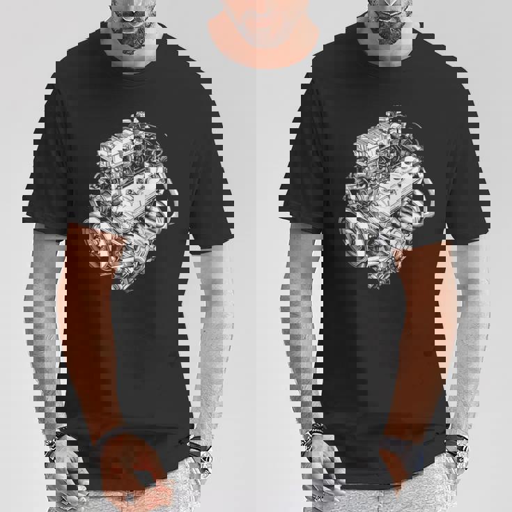 ヴィンテージカーエンジンコンポーネント 青写真 図 メンズグラフィック 長袖tシャツ Tシャツ 面白い贈り物