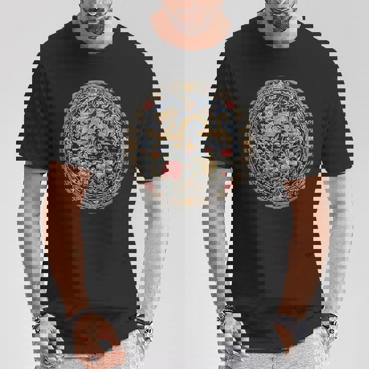 中国刺繍柄 龍 竜 ドラゴン 中国 清朝 ドラマ 牡丹 Tシャツ 面白い贈り物