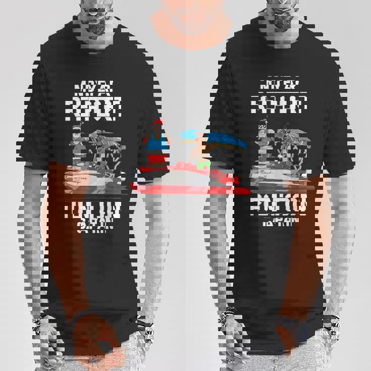 中途報告ポンツーンキャプテンサンタ 7月のクリスマスメンズ Tシャツ 面白い贈り物