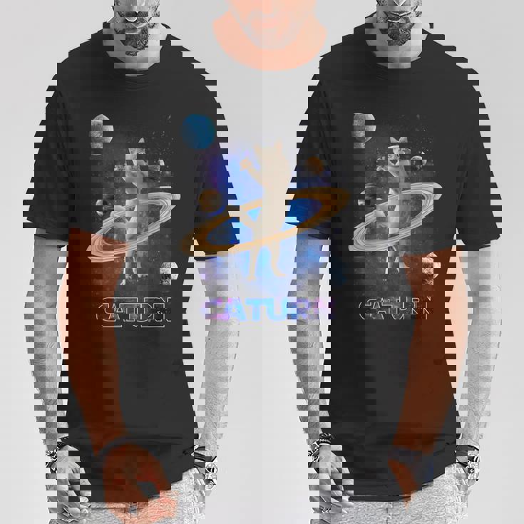 宇宙の土星猫土星ギャラクシー面白い子猫猫の恋人 Tシャツ 面白い贈り物