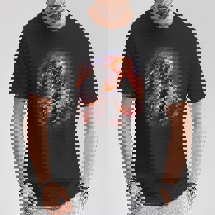 小惑星衝突月の下で燃える森で吠えるオオカミ Tシャツ 面白い贈り物