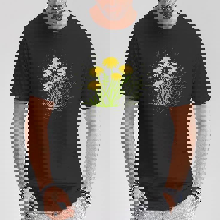 星と水晶の先端の夏の花とタンポポ Tシャツ 面白い贈り物