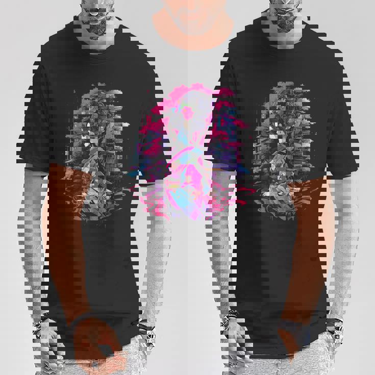 桜と芸者、サイバーパンク・イラストレーション Tシャツ 面白い贈り物