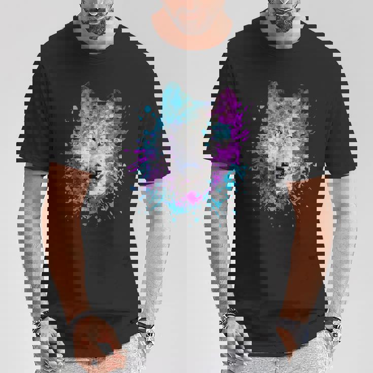 水彩 狼 頭 カラフル オオカミ 贈り物 Tシャツ 面白い贈り物