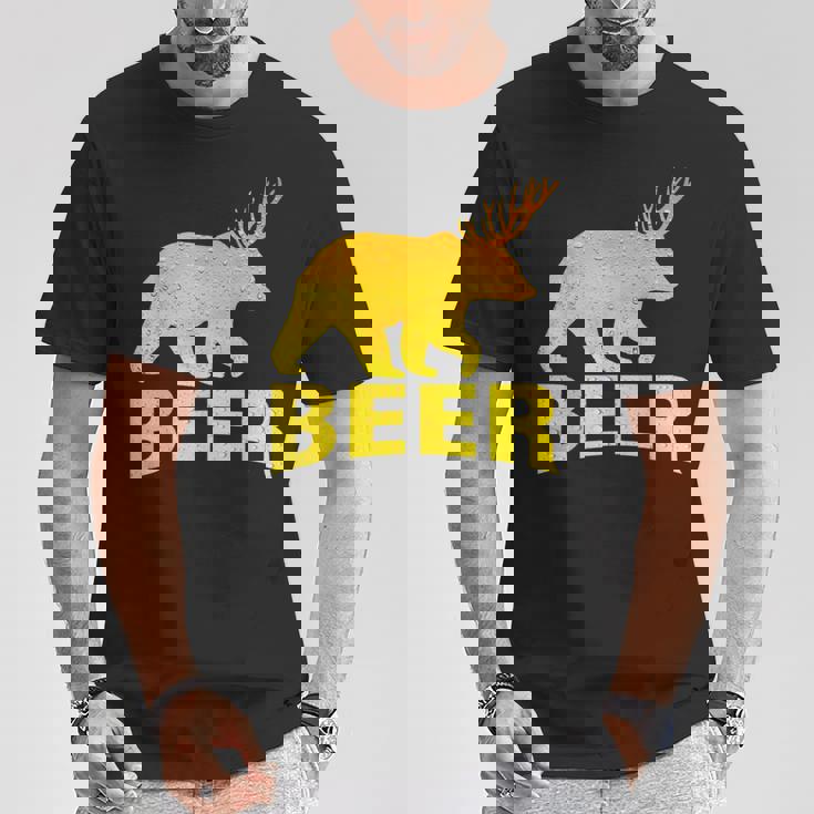 狩猟 ビール スピリット 動物 ティー ベア 鹿 ティー ビール クマ 鹿 Tシャツ 面白い贈り物