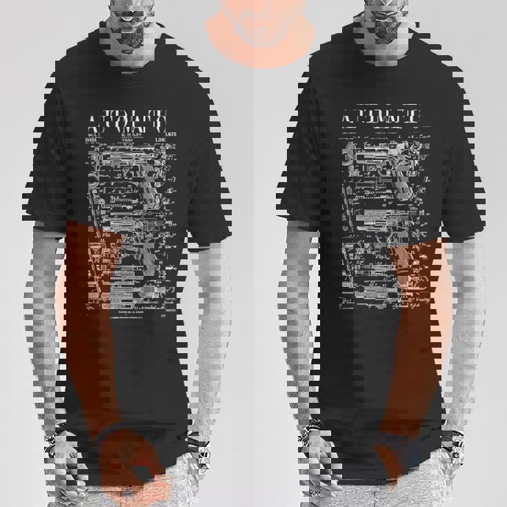 自動ピストル 拳銃 銃器 ヴィンテージガン 特許プリント Tシャツ 面白い贈り物