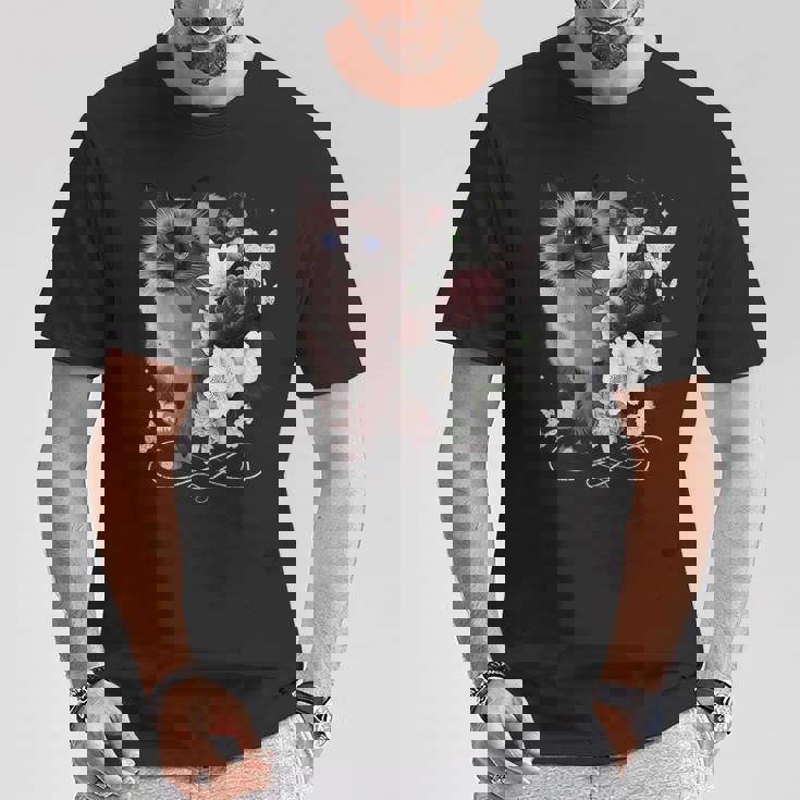 花とシャム猫、ヴィンテージ感、花柄シャム猫 Tシャツ 面白い贈り物