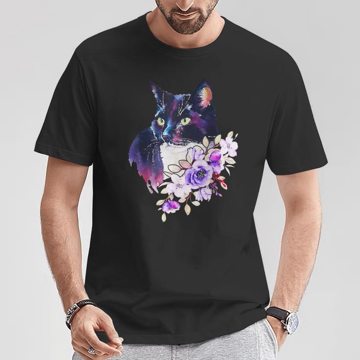 花と猫、水彩画のような表情 Tシャツ 面白い贈り物
