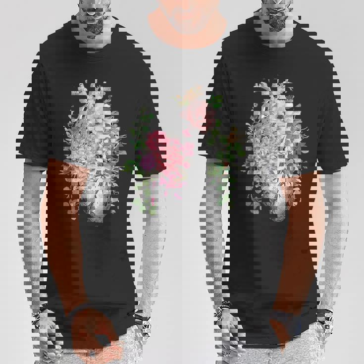 花の解剖学 人間の心とバラ、ボタニカルハート Tシャツ 面白い贈り物
