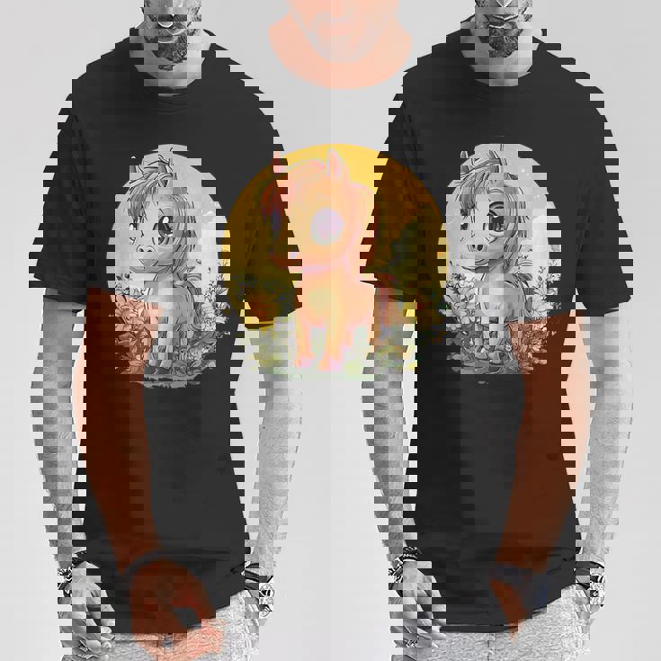 花畑に大きな目を持つかわいいポニー Tシャツ 面白い贈り物
