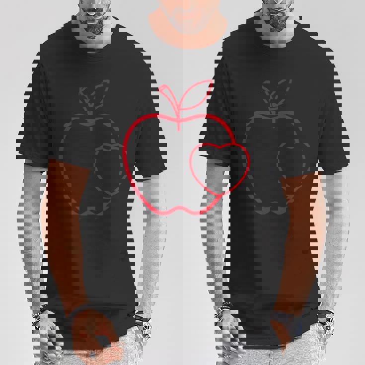 赤い りんご ハート ラインアート かわいい シンプル デザイン Tシャツ 面白い贈り物