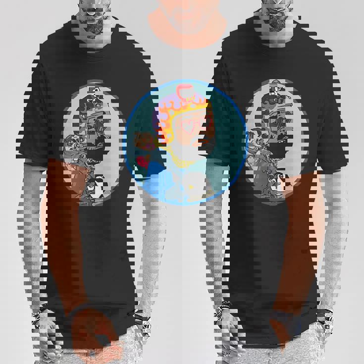 赤ちゃんをおんぶしたファンキー男 ハート型のサングラス ミニダルマ ヒゲ ファイヤーパターンのヘルメット Tシャツ 面白い贈り物