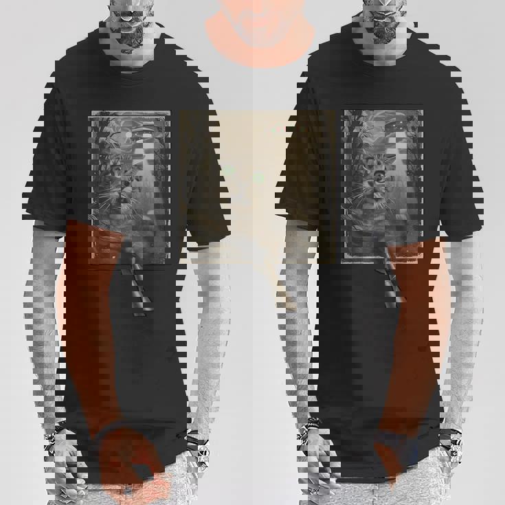 面白いsf自撮り猫とエイリアンビジターの不気味な瞬間。 Tシャツ 面白い贈り物