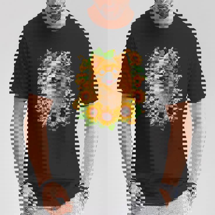 面白いtシャツ ポメラニアン ひまわり わんこ メンズ 犬好き グッズ かわいい おもしろ 面白い 服 ネタ 長袖tシャツ Tシャツ 面白い贈り物