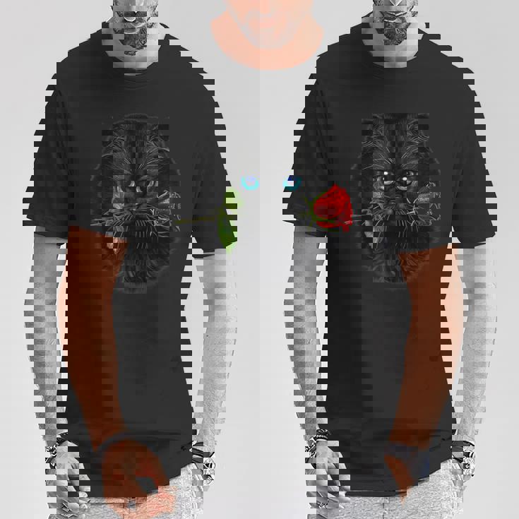 黒ペルシャ猫 ねこ 薔薇 バラ バレンタイン Tシャツ 面白い贈り物