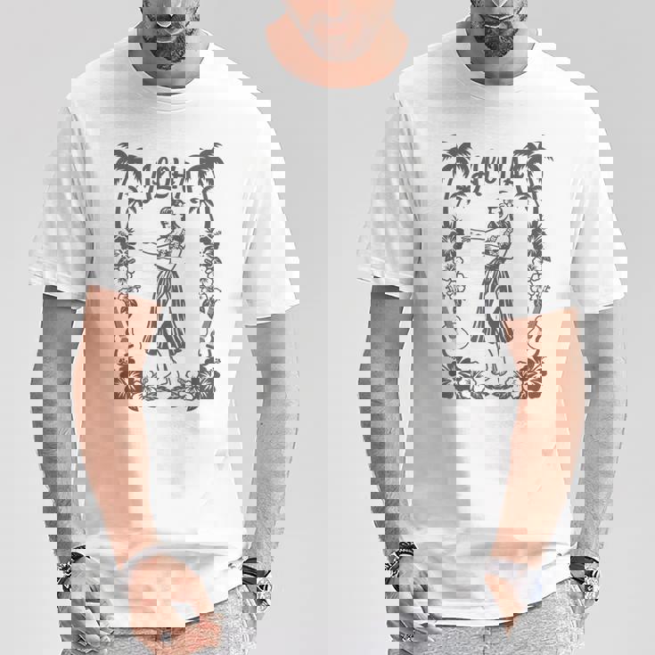 Aloha ハワイ ダンサー ヤシの木 ハイビスカス ウクレレ ルアウ ラインアート Tシャツ 面白い贈り物
