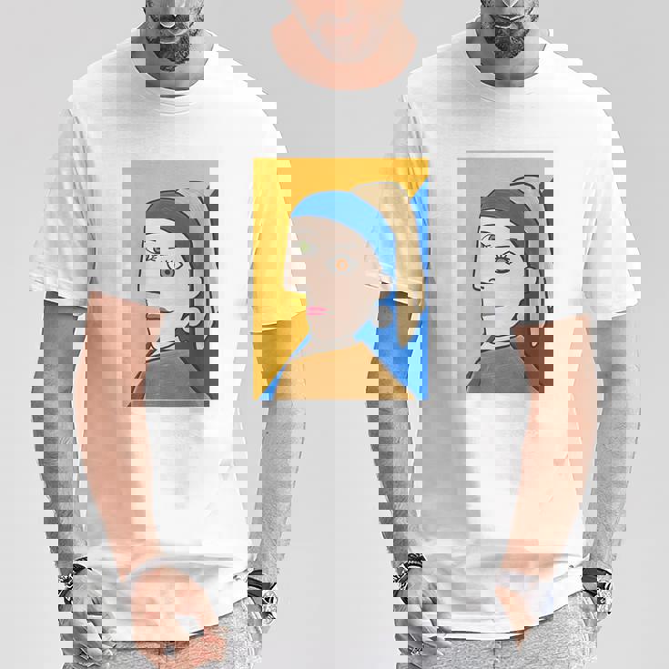 《バックプリント・背中側》【ピカソ風】真珠の耳飾りの少女／フェルメール（パロディ）【世界の名画】面白い Tシャツ 面白い贈り物