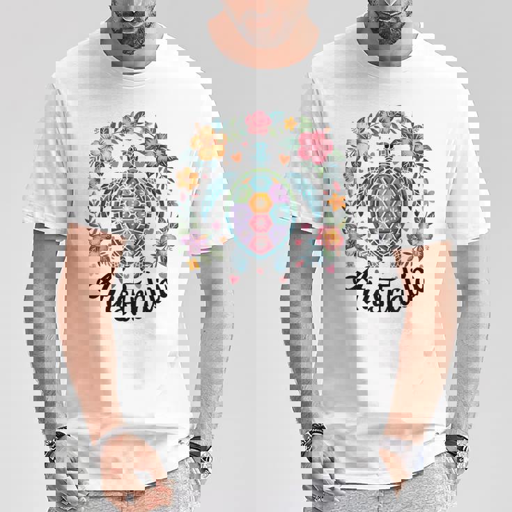 かわいいウミガメオーストラリア、楽しいトロピカルフラワーとハート Tシャツ 面白い贈り物