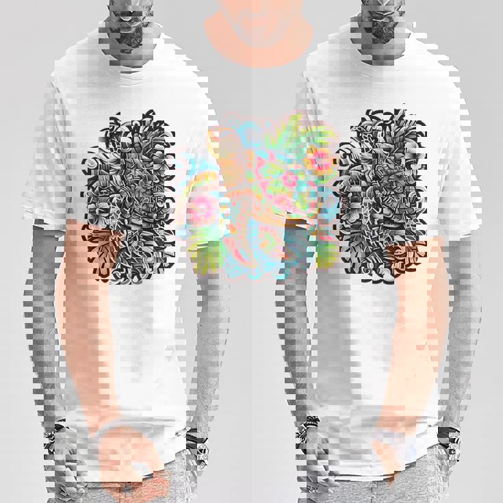 アロハ ウミガメ ハワイアン ホヌ フラワー ウェーブ オーシャン Tシャツ 面白い贈り物